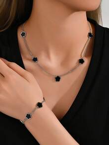 MONALLY 1pc/Set Lucky Four-Leaf Clover Design Pendant, Black & White Bracelet & Necklace Stainless Steel Jewelry Set, Surprise Gift For Girlfriend, Daughter, Valentine's Day, Birthday, Mother's Day - Jewelry Set - View 9