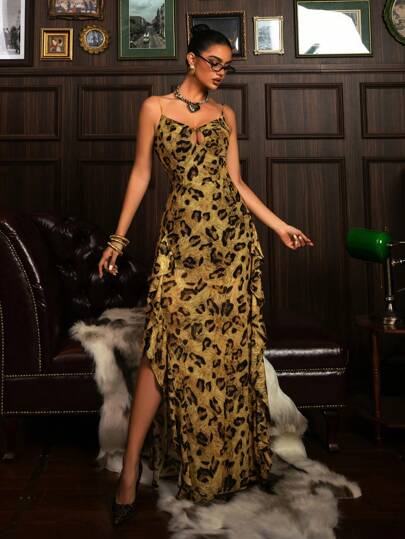 Faeriesty Vestido de noche con estampado de leopardo con tirantes finos, abertura alta y detalles de volantes - Elegante y sexy vestido para verano y otoño, perfecto para galas, eventos de alfombra roja y bodas de lujo