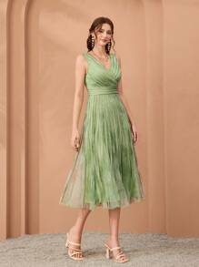 Mgiacyv Neck Printed Net Pull Cord High-End Evening Dress