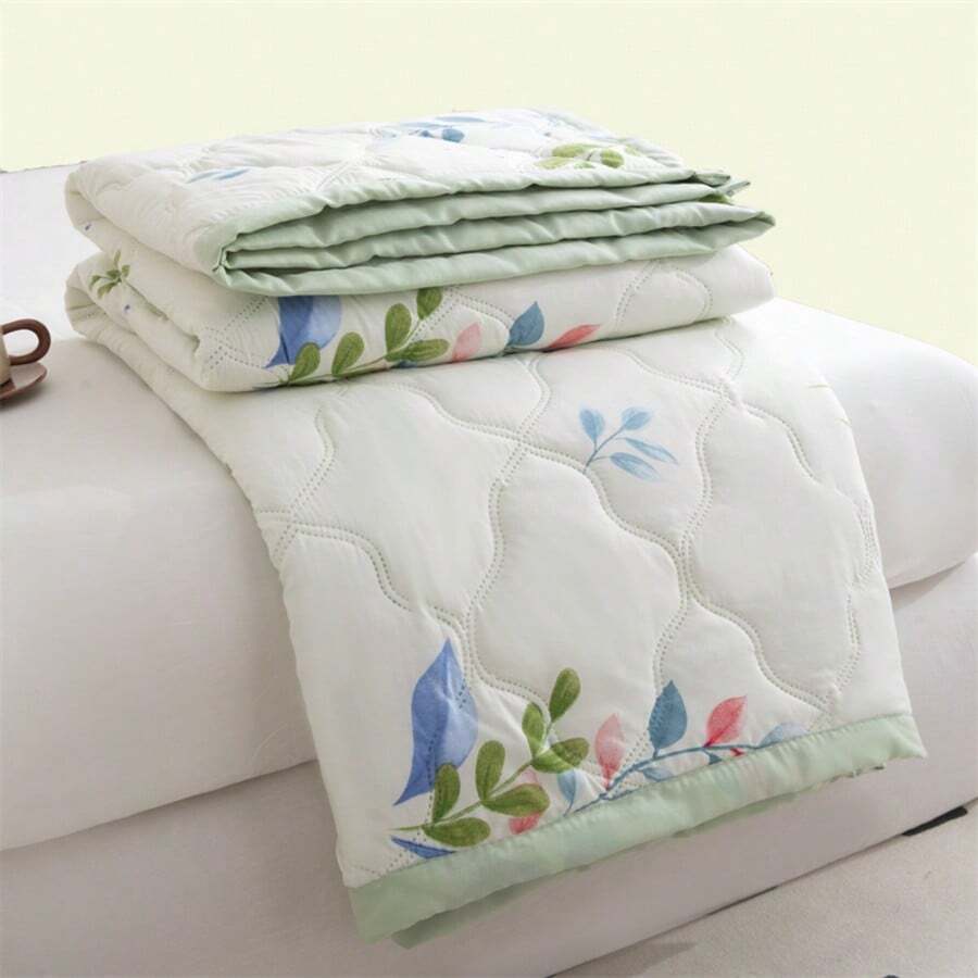 1 件套多色活性印花夏季被子，时尚拉绒被缝线，轻质空调毯，适用于家庭、卧室、客厅、汽车、户外 - 綠色 - 查看 1