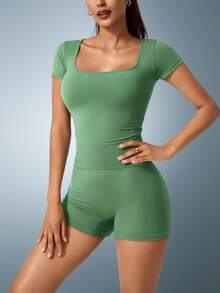 NcmRyu Nude Feeling 速干运动短裤和无袖工字背心 T 恤套装，户外休闲跑步健身服 - 綠色 - 查看 3