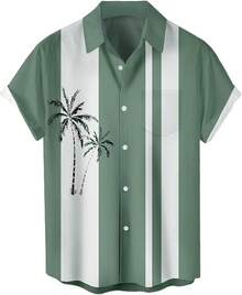 Men's Short Sleeve Button Up Hawaiian Shirt 1950s Vintage Bowling Shirts-20256688 - 夏威夷鼠尾草和白色 - 查看 1