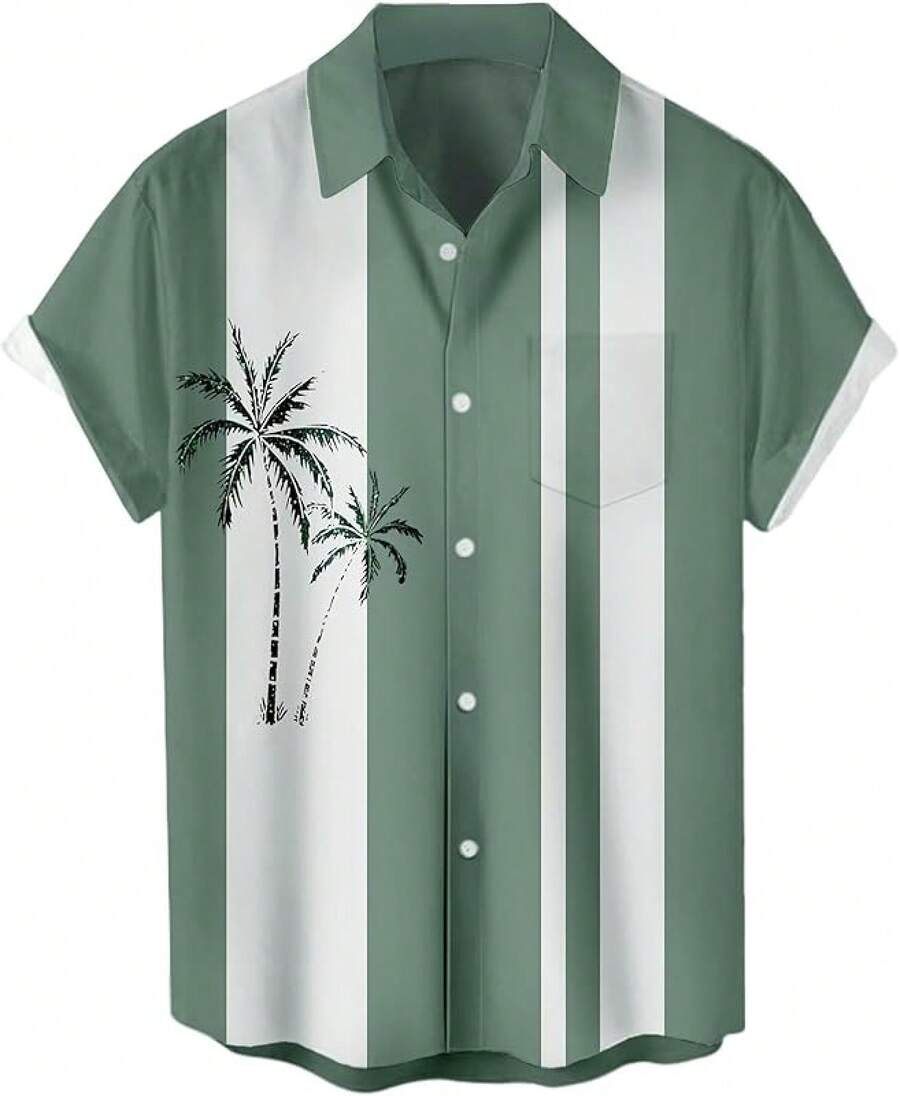 Men's Short Sleeve Button Up Hawaiian Shirt 1950s Vintage Bowling Shirts-20256688 - 夏威夷鼠尾草和白色 - 查看 1