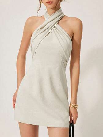 Vestido de lino corto de verano para mujer, de unicolor, con cuello cruzado sin espalda, sin mangas, ajustado, elegante y casual para el trabajo