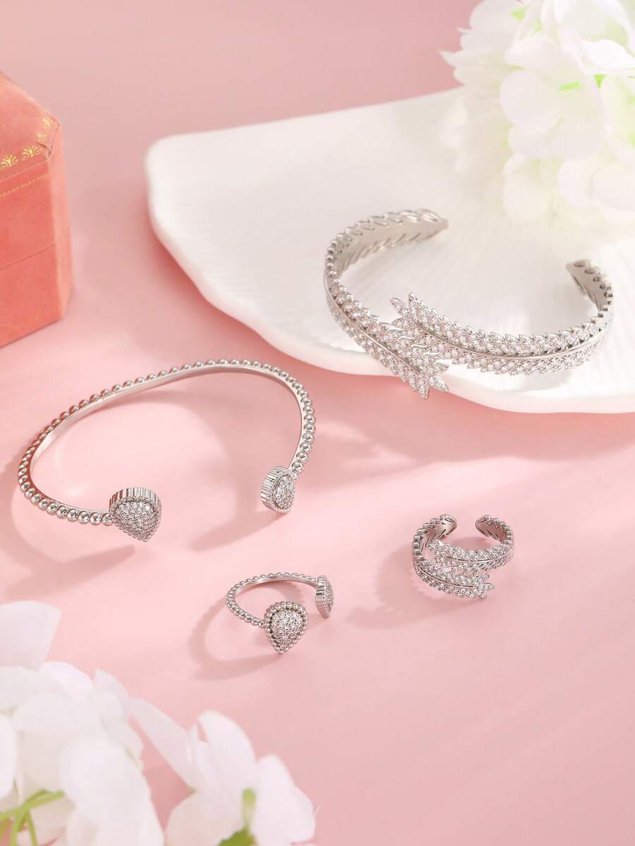 2 件套奢华时尚闪光叶和泪珠设计戒指和手链套装，适合女性日常佩戴/礼物