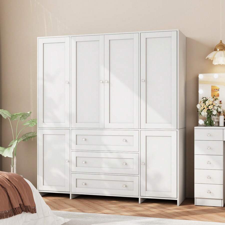 VOWNER 71" Large Wardrobe Closet With Mirror, Freestanding Bedroom Armoire With 3/6 Large Drawers & 2/4 Doors, Clothes Storage Organizer Cabinet For Bedroom - 白色-63"寬 - 查看 1