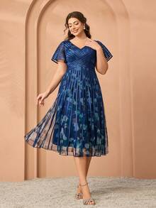 Mgiacy, nuevo lanzamiento, vestido de noche elegante con escote en V, malla estampada, mangas cortas, lazo, vuelo amplio, para cena o fiesta