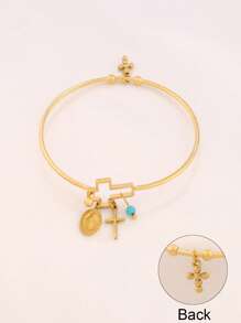 1 pieza Pulsera de acero inoxidable con colgante de Virgen María, pulsera abierta con dijes de cruz turquesa, joyería