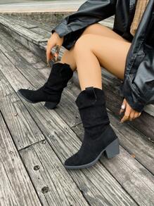 Bottes mi-mollet à talon compensé épais pour femmes, nouveauté 2025. Bottes fuselées vintage plissées, bottes d'équitation grande taille, bottes hautes à bout pointu et talon haut, bottes style western