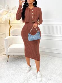 AIJ Amarilo Women 2 Pieces Set: Solid Color Button-Front Jacket And Solid Color Backless Bodycon Dress Summer Spring - Reddish Orange - View 5
