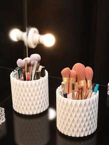 1 pieza Organizador de maquillaje giratorio de 360 grados de plástico blanco, de gran capacidad para lápices, barras de labios, sombras de ojos, brochas de maquillaje, para vacaciones en la playa, colección de baño, colección de dormitorio, de gran capacidad - Gris - Ver 2