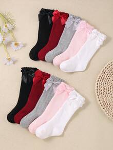 5 Pairs Of Knee-High Socks For Baby Girls Decorated With Bows, Princess-Style Long Socks For Toddlers, Cute Socks For Girls.Available In Multiple Color Combinations, Including Red, White, Black, Pink And Gray. - Multicolor - View 6