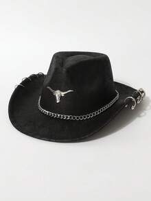 1 件女式/中性西部牛仔帽，时尚纯色 PU 绒面面料，帽檐朋克风格，可拆卸帽带，百搭设计