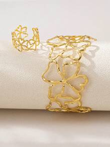 1Set Fashionable 3D Clover Hollow Geometric Pattern Bracelet And Ring Accessories