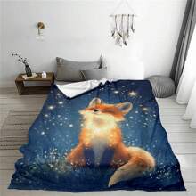1pc Fox Under The Stars Lightweight Flannel Throw Blanket - Polyester Fleece Blanket For Sofa, Bed, Travel, Camping, Living Room, Office, Couch, Chair, And Bed - Digital Printing, No Electricity Or Feathers Required