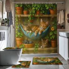1/4 Stück Bequemes Badezimmer-Set im Katzenmotiv, bestehend aus Duschvorhang, Badematte, U-förmiger Toilettenvorlage, Toilettendeckel-Abdeckung, wasserdichter Duschvorhang, dekorativer Vorhang, moderne Badezimmer-Teilungsvorhang, ohne Bohren, aus Polyester, maschinenwäschbar, Schulanfang