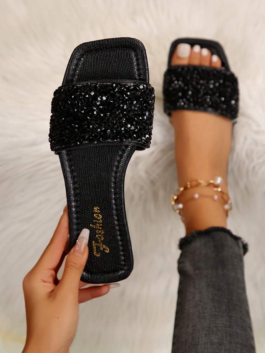 Plus Size Slide Slippers, Spring & Summer New Arrival Square Toe Flat Sandals, Goes Well With Dresses To Make Legs Look Longer, Fashionable Rhinestone Strap Slides, Beautiful Girls Summer Beach Shoes, Non-Slip Home Slippers, Lovely Girls Plastic Slippers - Black - View 1