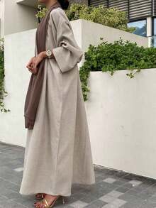 1pc Elegant Casual Minimalist Abaya, Arabian Dubai Fashion Open Front Long Robe Cape Suitable For Daily Wear & Events, Without Headscarf - Khaki - View 3