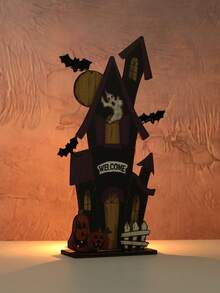 1 pieza Decoración de madera plana 2D de Halloween - Calabaza, fantasma, decoraciones de letrero de casa embrujada con diseño de calavera espeluznante, murciélago y telaraña para exhibición de mesa festiva, decoración de Halloween