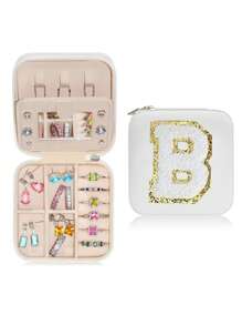 1pc Portable Travel Jewelry Box, Custom Lettered (A-Z) Organizer, Multi-Layer Jewelry Case With Mirror And Makeup Brush Holder, Suitable For Rings, Necklaces For Women Storage Organizer Travel Essentials Back To School Dormitory Storage