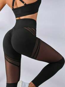 女士网眼运动紧身裤，网眼拼接瑜伽紧身裤，七分健身跑步裤，性感透气防走光瑜伽紧身裤