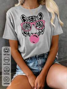 Tigre, occhiali da sole, t-shirt da donna in cotone a coste, stile college, primavera estate, nuova maglietta sportiva da donna, drappeggiata, alla moda, morbida e traspirante, aderente, a maniche corte e molto elasticizzata