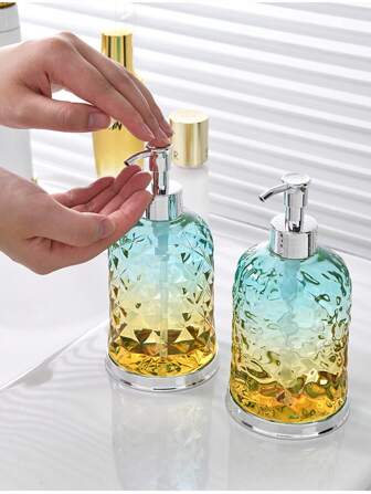 1pc Luxury Ombre Style PET Soap Dispenser - Refillable And Pump For Lotion/Shampoo/Handwash Bottle, High-End Bathroom Aesthetic, Durable Plastic, Hand Wash Only, Shampoo Dispenser | Metal Trim | Clear View, Soap Dispenser Bathroom