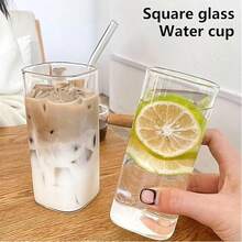 1 chiếc cốc thủy tinh hình chữ nhật 400ml có sọc, cốc thủy tinh trong suốt có nắp và ống hút, cốc cà phê đá, cốc trà, cốc nước ép, cốc nước lọc. - Trong sáng - Xem 2