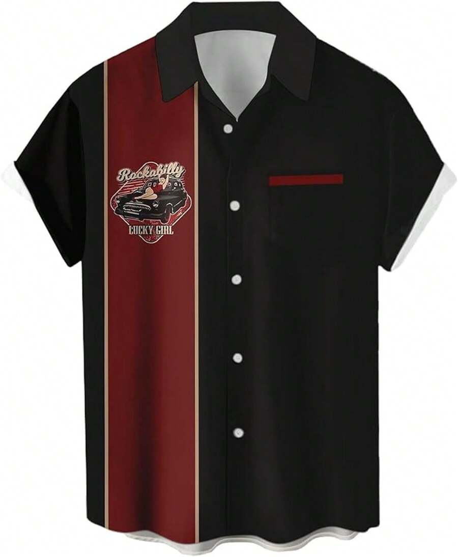 Men's Short Sleeve Button Up Hawaiian Shirt 1950s Vintage Bowling Shirts-20256688 - Bowling-red and Black - View 1