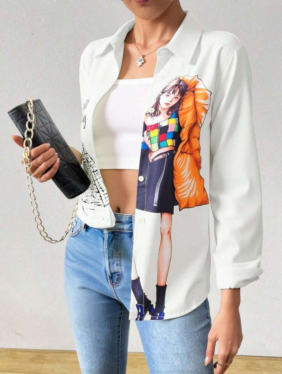 Camisa larga básica para mujer con estampado de moda y uso casual - Blanco - Ver 1