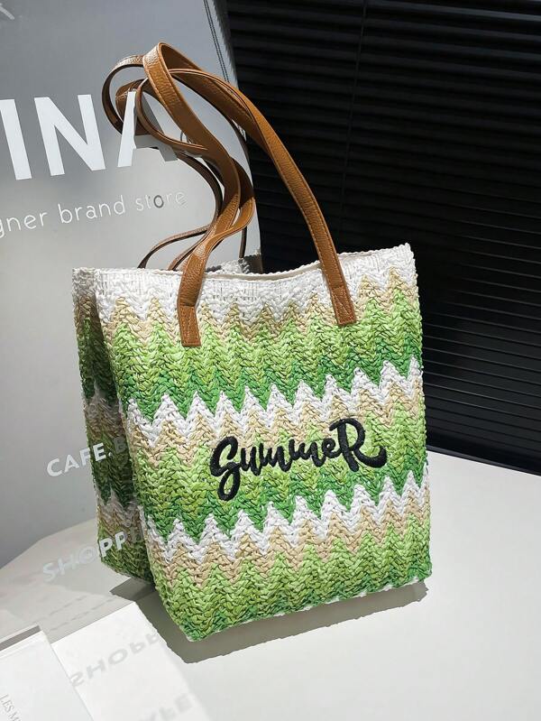New Straw Woven Bag, Women's Large Capacity Shopping Tote Bag, Striped Letter Beach Bag, Embroidery Leisure Travel Lightweight Handbag