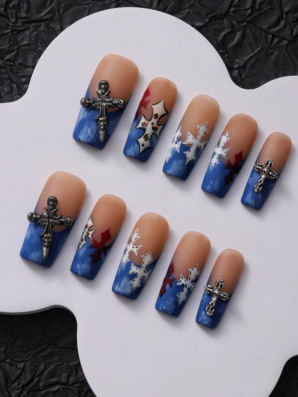 10pcs Luxury European Extra-Long False Nails With Blue Western Cowboy, Handpainted Cross Design, Cross Inlaid, Handcrafted, Stylish Fits For Women And Girls