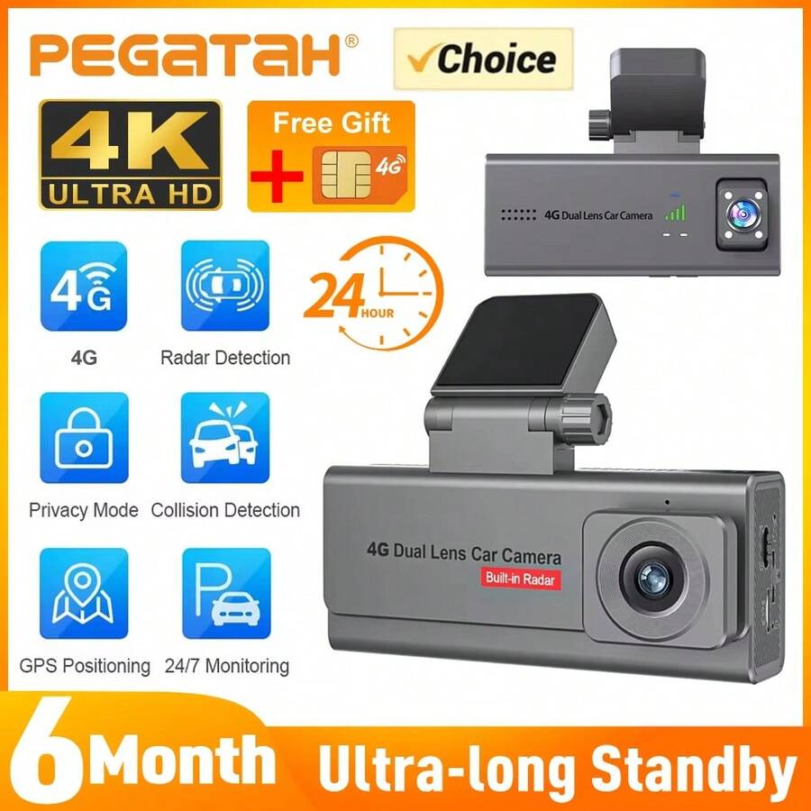 PEGATAH 4K 4G 汽车安全摄像头 双镜头 GPS 行车记录仪 适用于车载摄像头 对讲机 人体检测 6 个月 24 小时停车监控
