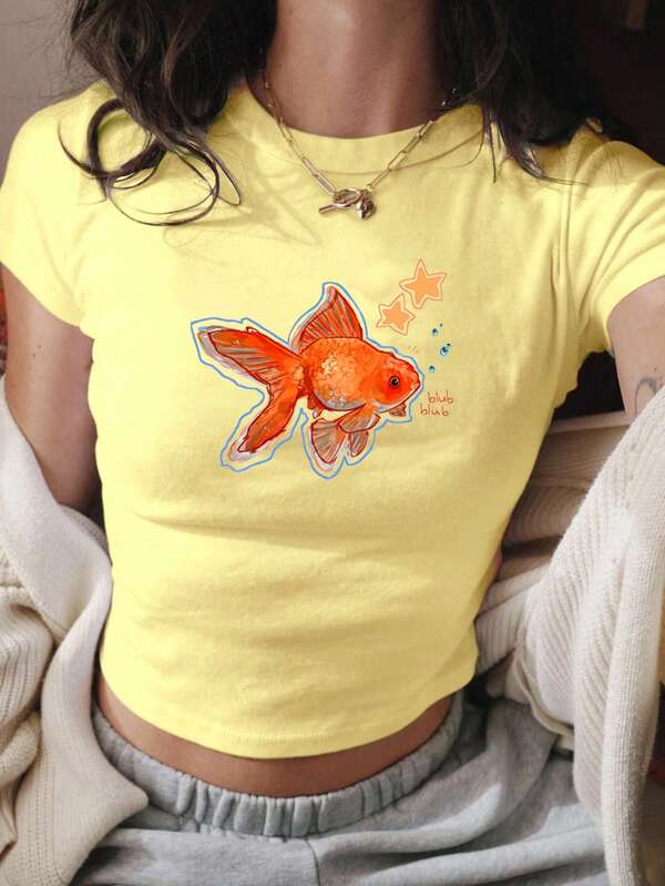 Y2K Style Tropical Fish Print Short Sleeve Cropped Casual Slim Fit T-Shirt, Beach/Vacation Outfits For Women Graphic Tees Women Tops