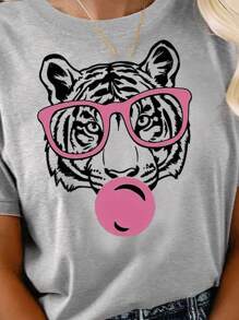 Tigre, occhiali da sole, t-shirt da donna in cotone a coste, stile college, primavera estate, nuova maglietta sportiva da donna, drappeggiata, alla moda, morbida e traspirante, aderente, a maniche corte e molto elasticizzata