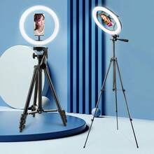 10-Inch Ring Light With Extendable Tripod Stand, LED Circle Lights With Phone Holder For Live Stream/Makeup/Video, Compatible With All Phones - Black and White - View 1