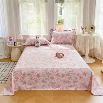 1pc Printed Cloud-Like Breathable Double-Layer Gauze Flat Sheet, No Pillowcase Included. Enjoy The Soft And Romantic Ambience, No Optical Brighteners, Comfortable And Breathable, Worry-Free Nude Sleeping, Machine Washable