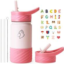 2 Pack Insulated Kids Water Bottle,  14oz Stainless Steel Water Bottles With  Straw Lid, -FREE Lead-Free Double Wall Leak Proof Drink Cups Flask For School (Blue Car +Blue Dinosaur) - 粉紅色帶貼紙 - 查看 1