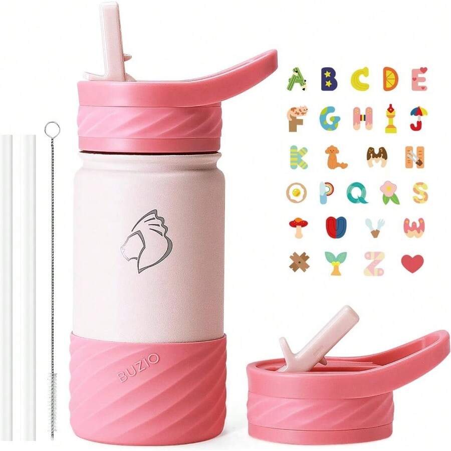 2 Pack Insulated Kids Water Bottle, 14oz Stainless Steel Water Bottles With Straw Lid, -FREE Lead-Free Double Wall Leak Proof Drink Cups Flask For School (Blue Car +Blue Dinosaur) - 粉紅色帶貼紙 - 查看 1