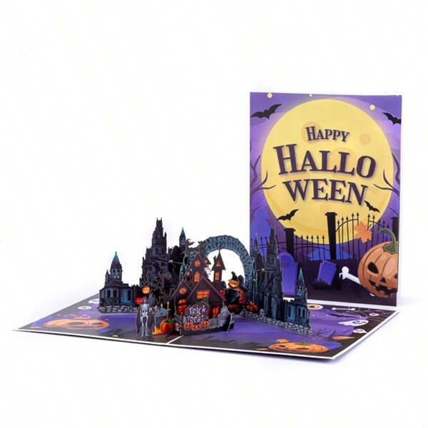 Gothic Castle Movable Skeleton Halloween Greeting Card, Dark Themed Surprise Pop Up Card, Pumpkin Mechanism Design, Great DIY Gift For Friends, Students, Best Friend Birthday Card