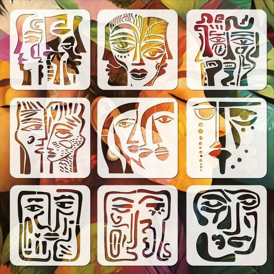 9pcs Abstract Face Painting Templates, 7.9x7.9 Inch Geometric Face Painting Stencils, Abstract Art DIY Decor Templates For Walls, Fabrics, Furniture, Back To School Supplies - White - View 1