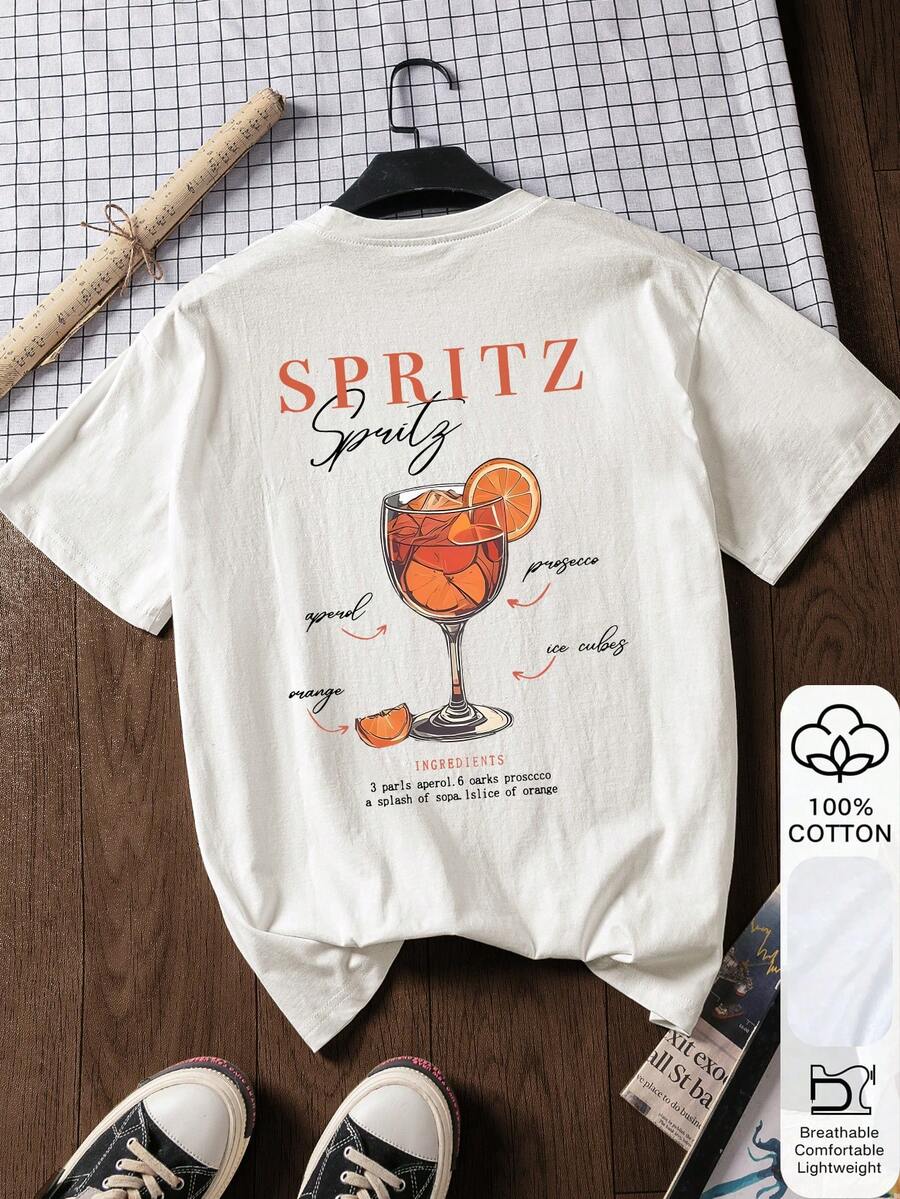 Orange Juice Print Women's Cotton Short Sleeve T-Shirt, Summer - White - View 1