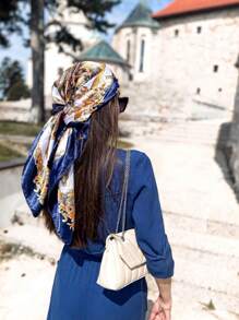 1pc Navy Blue Chain Carriage Patterned Scarf, 90cm Large Square Scarf For Beach, Casual, Party Gift, Bandana