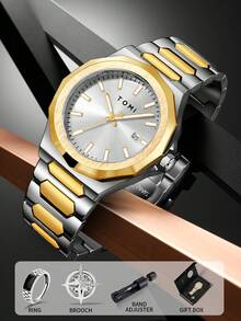 Conjunto de reloj de hombre a batería TOMI con gemelos y anillos, esfera de varilla sencilla, correa de aleación de zinc, reloj de cuarzo con caja de regalo, adecuado para uso diario, eventos de negocios, Día del Padre, regalos del Día de San Valentín - Multicolor - Ver 12