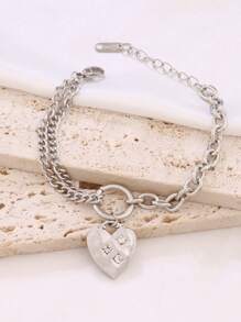 1 pièce Bracelet pendant cœur en acier inoxydable pour femmes, design de mode avec charms en zircone, chaîne de bracelet étanche, bijoux
