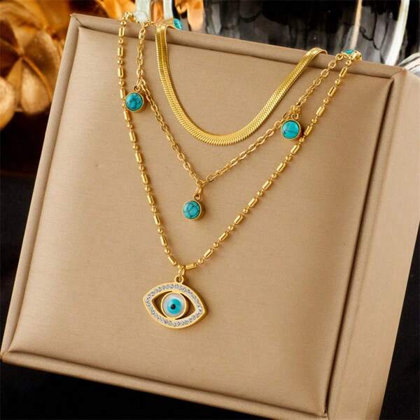 Conjunto de collares de oro en capas con acento de ojo malvado y turquesa, collar de cadena de oro delicado de triple capa con colgante de ojo azul, collar en capas de tono dorado con estilo bohemio que presenta ojo malvado y cuentas, conjunto de collares de oro inspirado en el vintage con detalles de encanto azul, collar de capa de oro con colgante de turquesa - Joyería de protección del ojo malvado