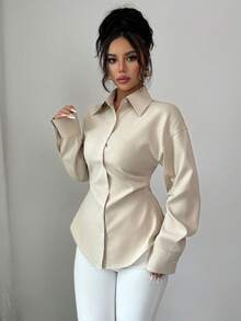 Casual Elegant Solid Color Ruched Waist Women's Shirt, Suitable For Autumn Wear - Apricot - View 1