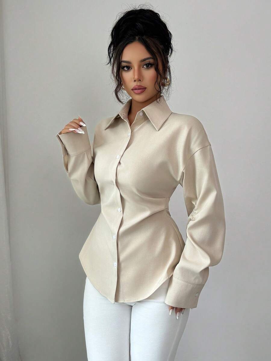 Casual Elegant Solid Color Ruched Waist Women's Shirt, Suitable For Autumn Wear - Apricot - View 1