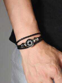 1pc/Set Vintage Punk Style Moon & Sun Lovers PU Leather Braided Multilayer Beaded Bracelet, Couples Gift - Multicolor - View 3