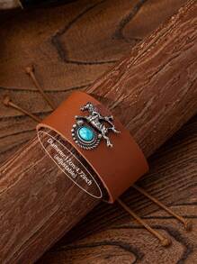 1 Pc Western Concho Cowboy Horse Design Cuff Bangle Bracelet , PU Leather Cowgirl Wrist Cuff